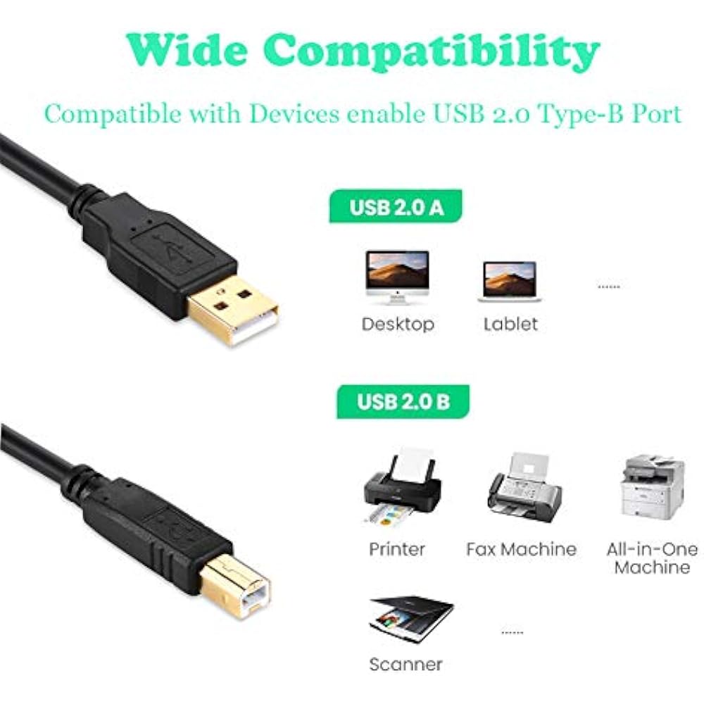 XBOHJOE USB 2.0 Printer Cable A Male To B Male Gold Plated Connector Printer & Scanner Cable Comp...