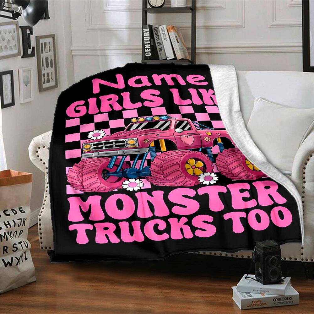 Custom Name Truck Theme Printed Blanket - Perfect for Couch, Bed, Travel & Outdoor Use | Machine Washable, Cozy & Durable.