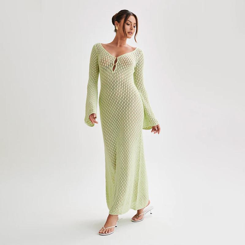 European & American Autumn/Winter Sexy Backless Knitted Long Dress Beach Cover-up