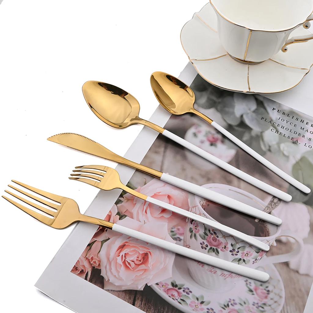 6Pcs Dinnerware Set Stainless Steel Gold Tableware Knife Fork Dessert Spoon Cutlery Set Western Kitchen Flatware Silverware
