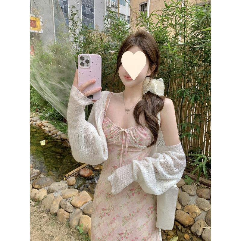 Pink new floral suspender dress, thin early spring beautiful lace vacation dress