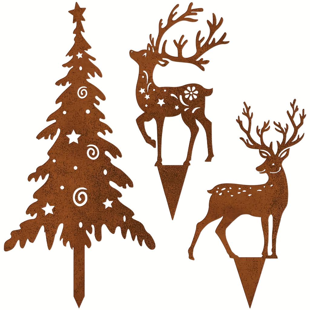 3pcs Christmas Tree and Deer Metal Garden Stake, Vintage Rustic Style Outdoor Yard Christmas Decorations, Christmas Gift
