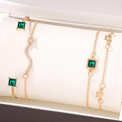 Ensemble 4 Pièces Femmes Rétro Géométrique Amour Étoile Vert Diamant Carré Bracelet Et Ensemble Bracelet Pièce à Main Tendance Et Polyvalente