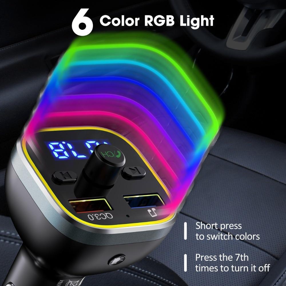 Bluetooth FM Transmitter for Car Hi-Fi Wireless Radio Adapter with RGB Light QC3.0 Quick Charge Handsfree Calling