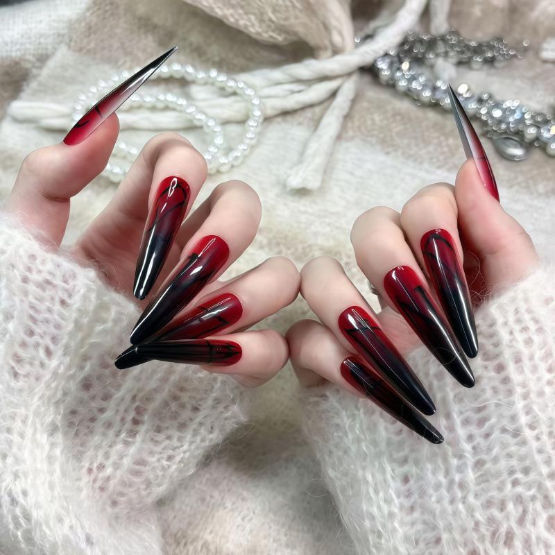 Winter Gothic Red & Black Gradient Press-on Nails: Mysterious Long Detachable Tips
