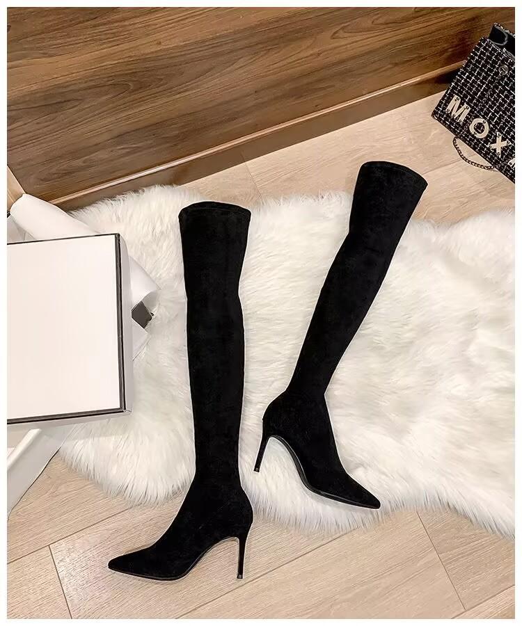 Pointed High-heeled Boots for Women's Autumn and Winter New Black Suede Elastic Thin Boots Over the Knee Thin Heel Elastic Boots