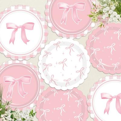 10pcs Bow Shape Disposable Tableware Set Paper Plates Pink Bow Birthday Supplies  Baby Shower