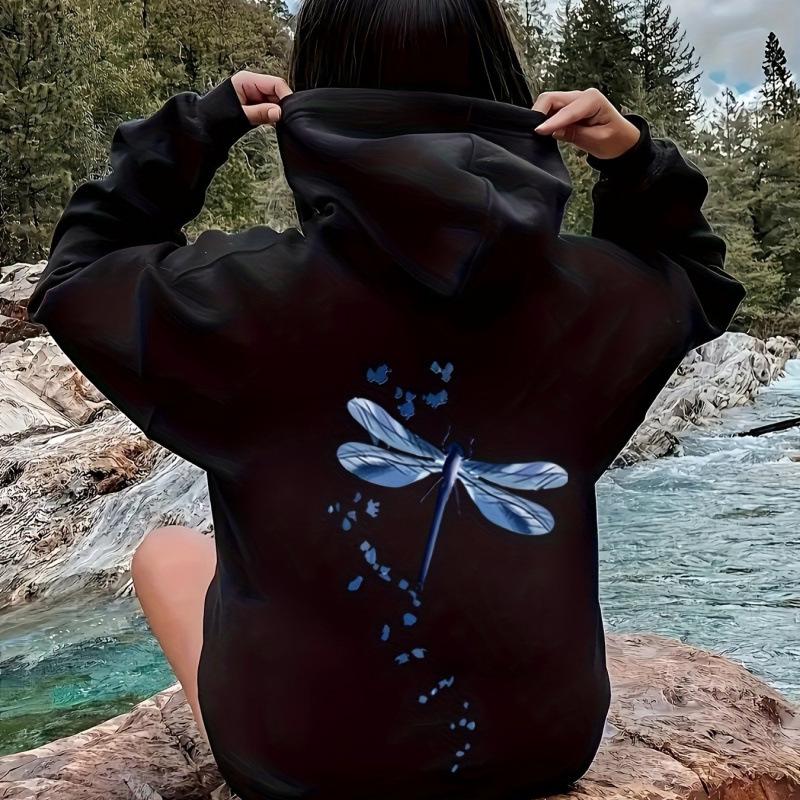 European & American Women's Dragonfly Print Plus Velvet Hoodie with Kangaroo Pocket - Autumn/Winter