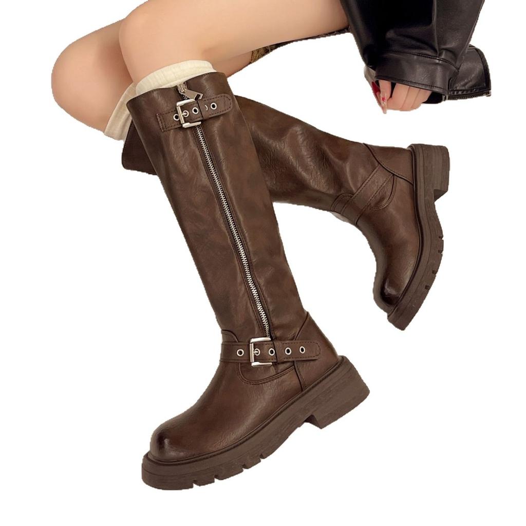 Versatile Simple Knight Boots Women's 2025 Autumn and Winter New Models But Knee Boots Round Head Middle Heel Martin Boots Genuine Leather Women's B