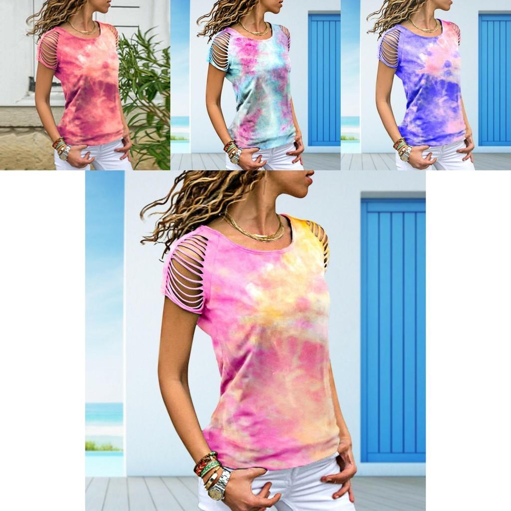 Womens Vibrant Tie-dye Printed Tops Casual Short Sleeve Blouse Perfect For Summer
