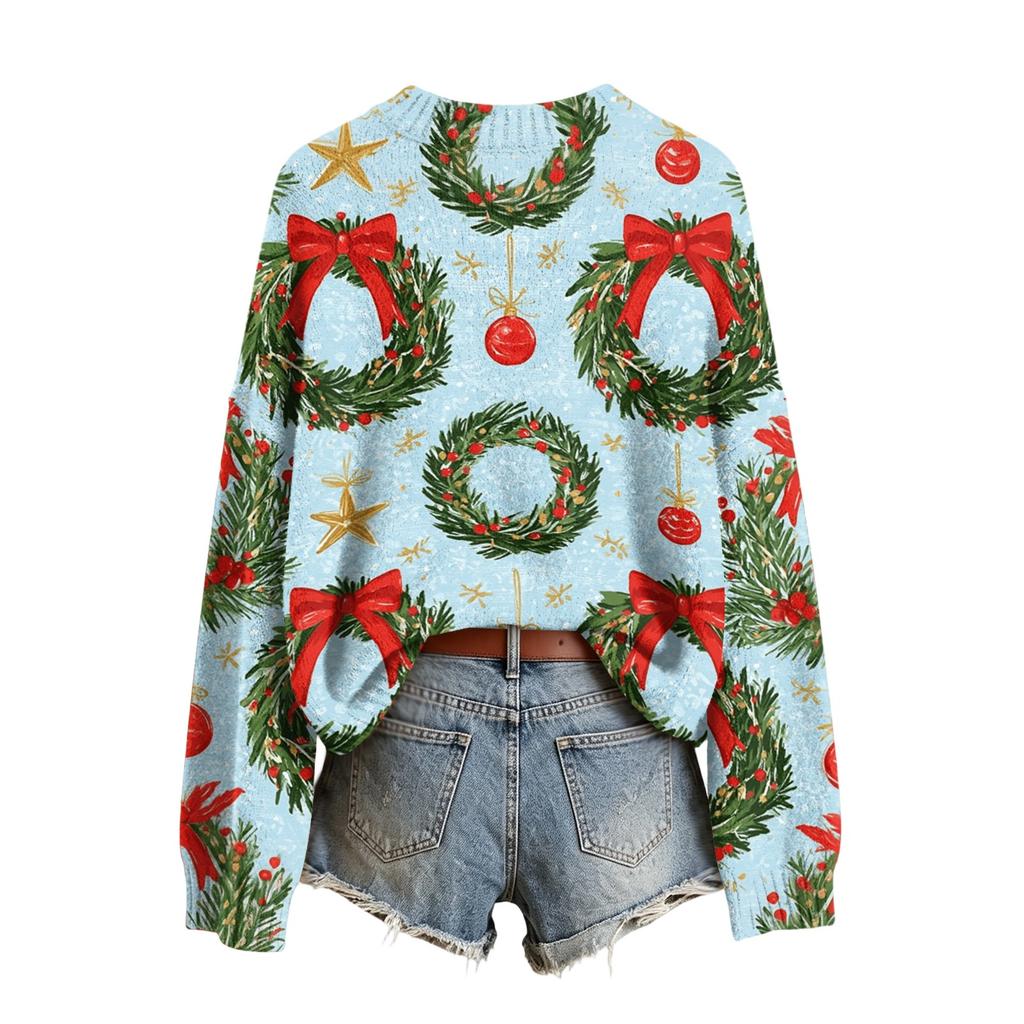 Women's Christmas Print Neck Long Sleeve Sweater Soft Casual Top for Fall Winter Holiday