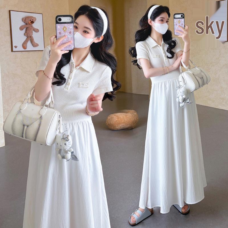 Maternity Wear 2026 Summer Sweet Style Lapel Slimming Patchwork Drawstring Dress XL