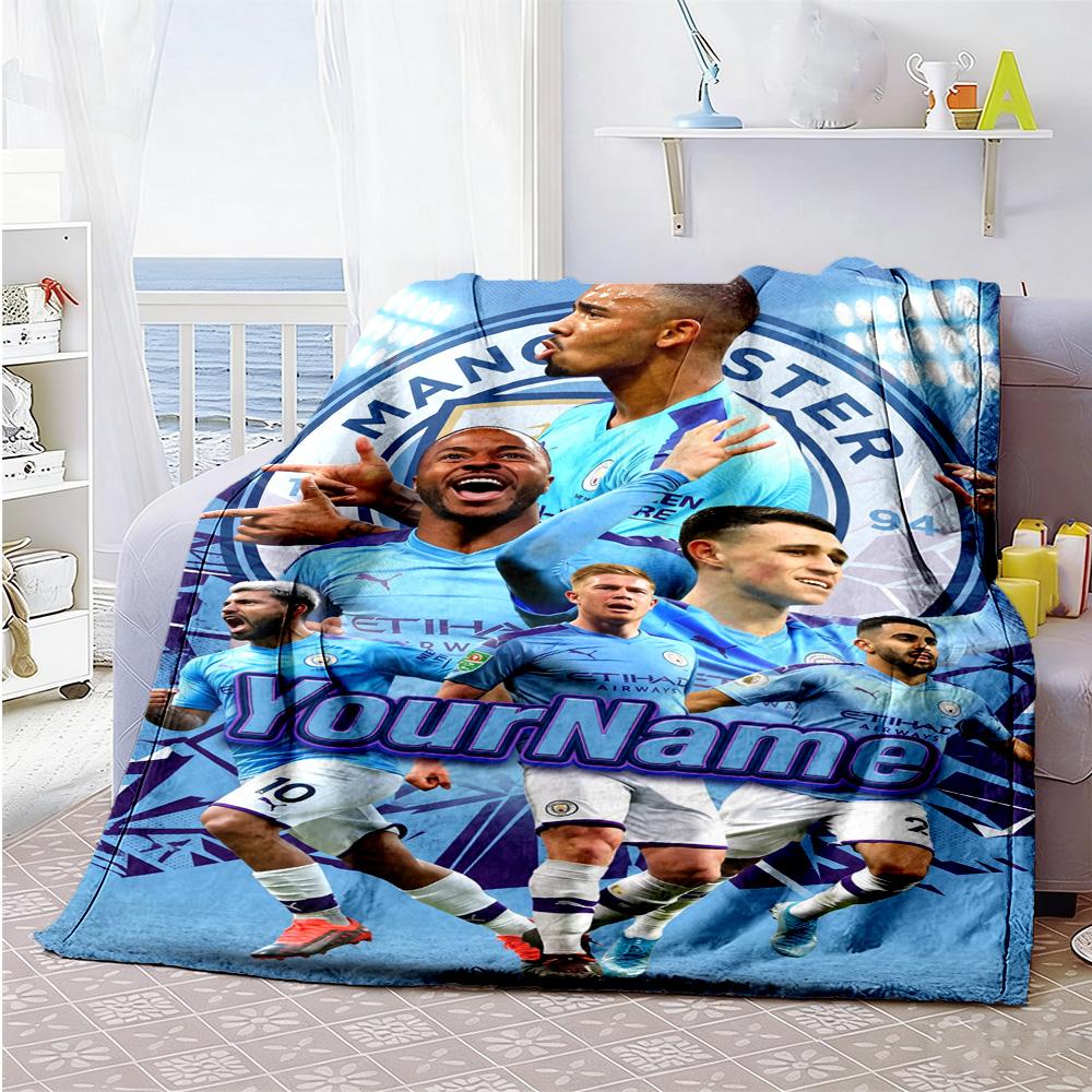 Manchester City Personalized Name Blanket Multi-purpose Customizable Blanket Soft Warm Cozy Perfect for Nap Bed Seaside Couch Four Seasons Multipurpos
