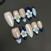 Handgefertigte French Blue Ozean Press-on Nägel mit handgeschnitztem Blumen-Design Falsche Nägel Tragbare Wiederverwendbare Nägel für Mädchen & Frauen