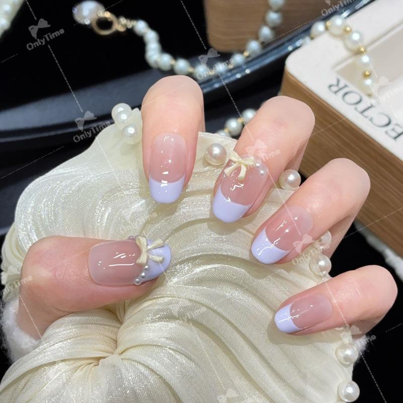 K2023 Purple French Cute Short Handmade Wearable Nails M (Short Oval)