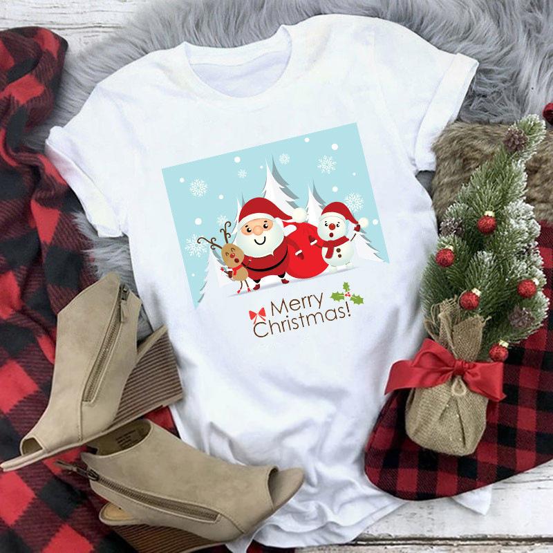 Women's Crew Neck Short Sleeve Graphic Print Christmas T-Shirts Loose Fit Casual Tees