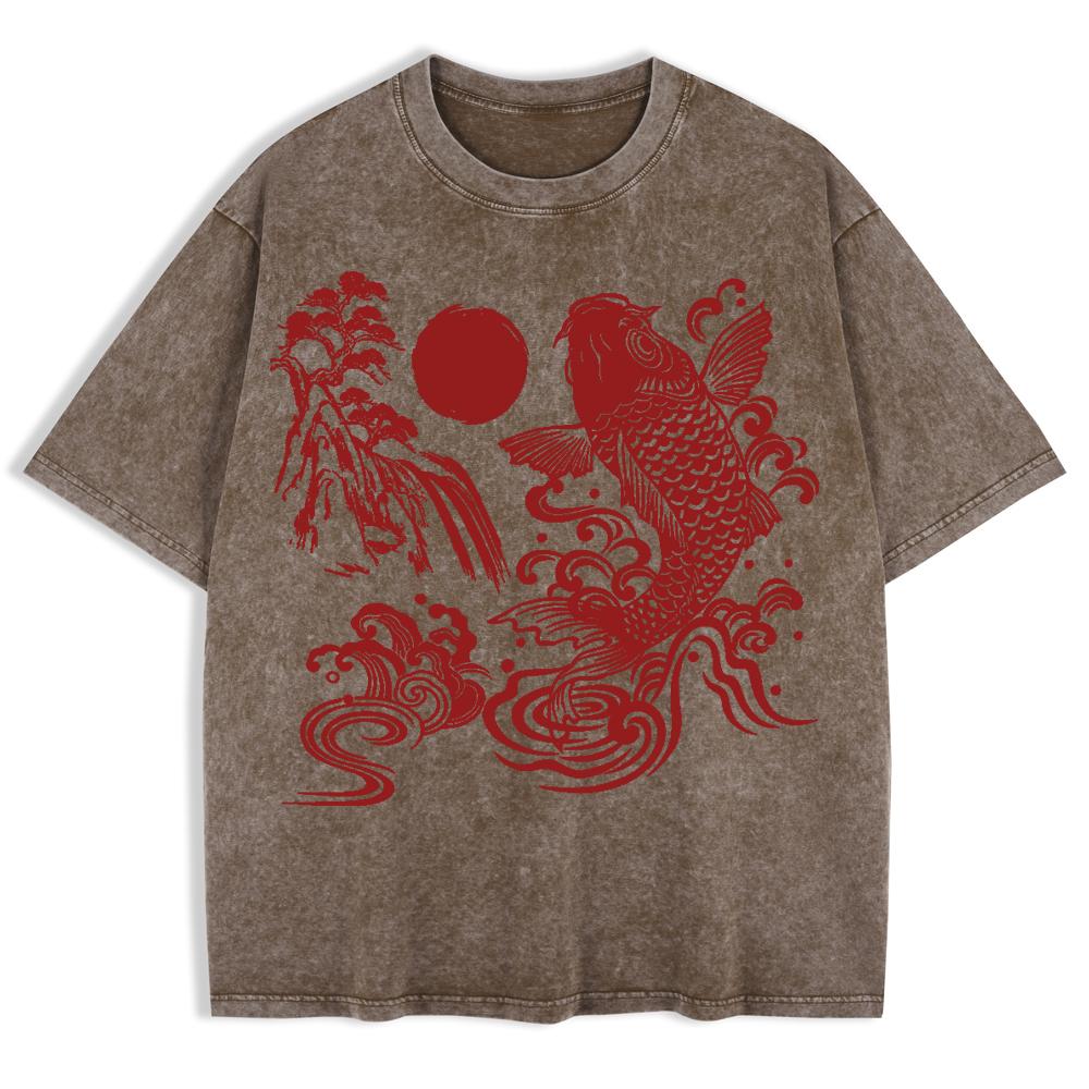 Harajuku Japanische Koi-Prints Gewaschene T-Shirts Herren Baumwolle Oversize T-Shirt Sommer Kurzarm Oberteile Freizeitkleidung