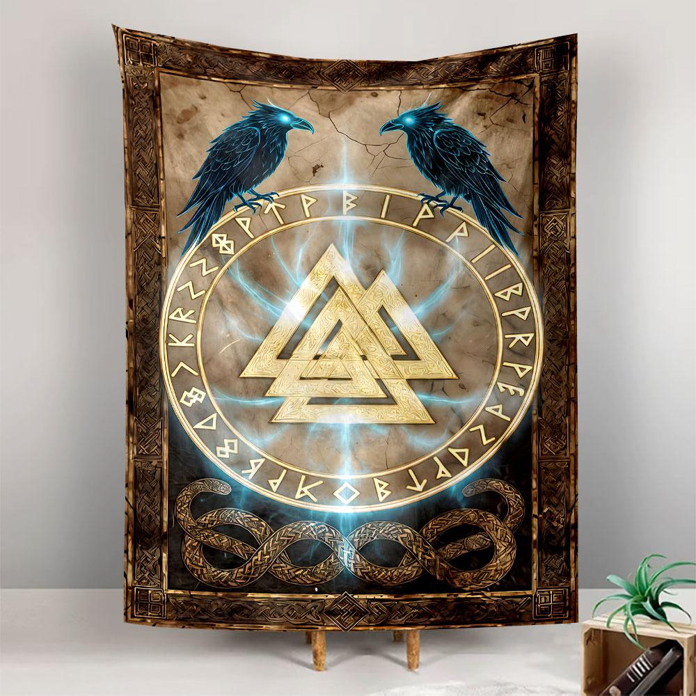 Odin Ravens Tapestry Wall Hanging, Norse Runes Double Raven Art, Viking Wall Decor for Bedroom Living Room Dorm