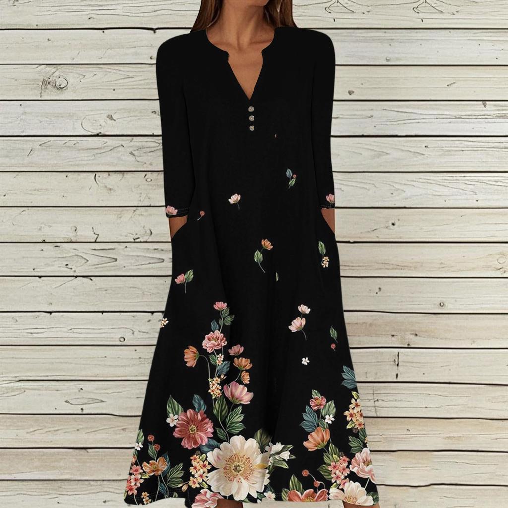 Women's Summer Casual V-Neck Button Vintage Floral Print Three-quarter Sleeve Long Dress With Pockets