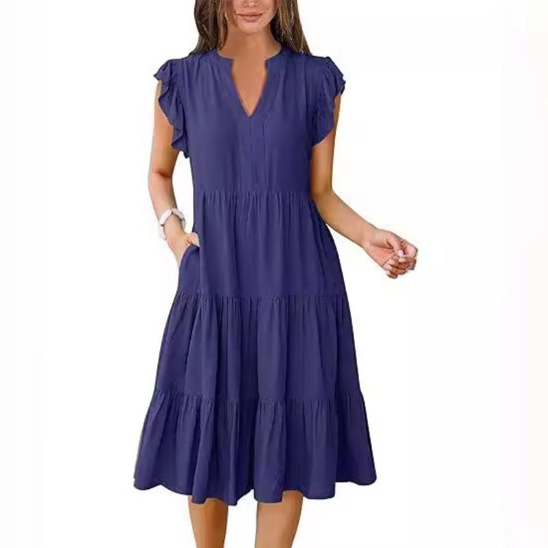 V-neck Fashion Elegant Summer Lotus Leaf Sleeve Dress Large Swing Pocket Party Dress Solid Color Casual Sweet Mid Length Splicing Dresses