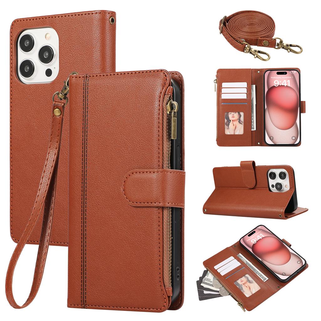 For iPhone 15 Pro Case Multi Card Slots Zipper Leather Phone Cover with Shoulder Strap/Wrist Strap