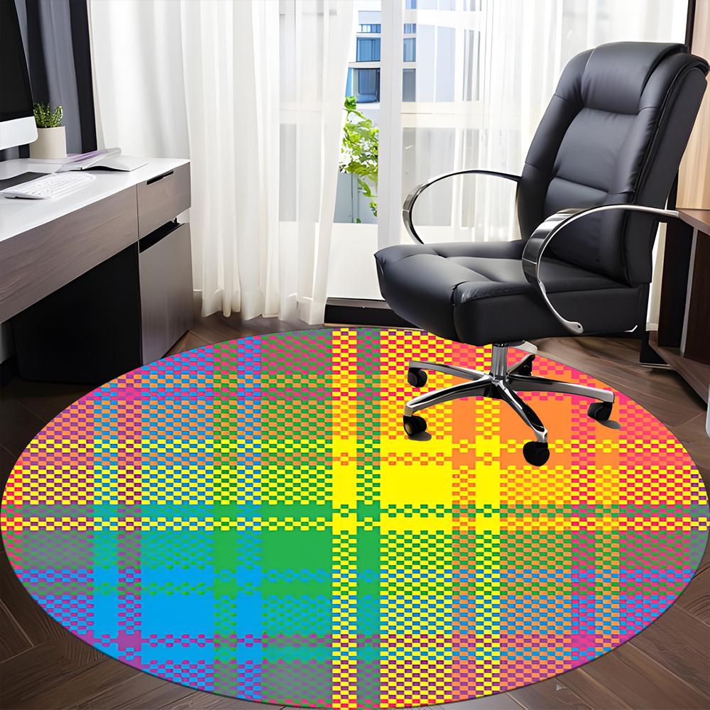 1pc Colorful Plaid Pattern Chair Carpet for Office, Round Polyester Mat, Indoor Decor for Office, Easycare Fabric, Washable Non-slip Area Carpet
