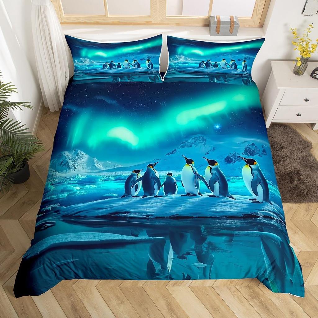 Penguin Duvet Cover Twin Queen Size Antarctic Animal Bedding Set For Kids Boys Girl Cartoon Black White Wildlife Comforter Cover
