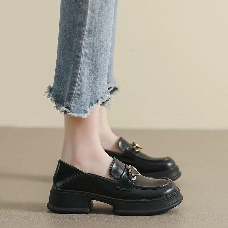 British-Style Black & Off-White Leather Platform Loafers with Buckle