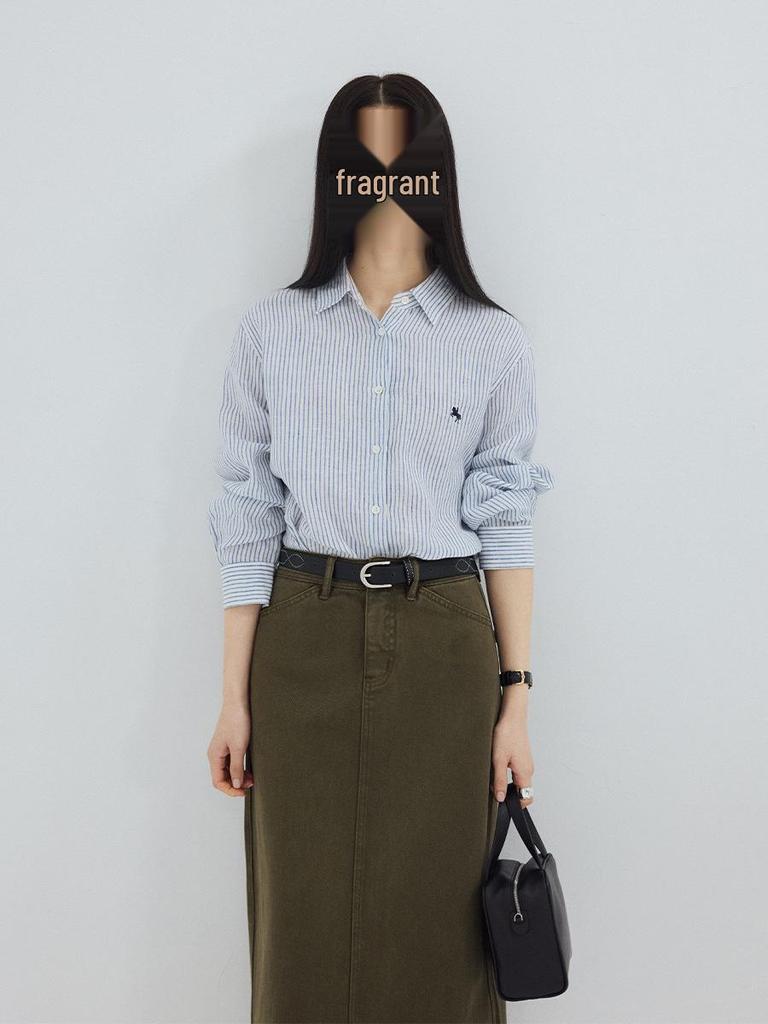 Shi Jian 100% Linen Striped Shirt with Embroidered Horse Design, Loose Fit, Spring Style.