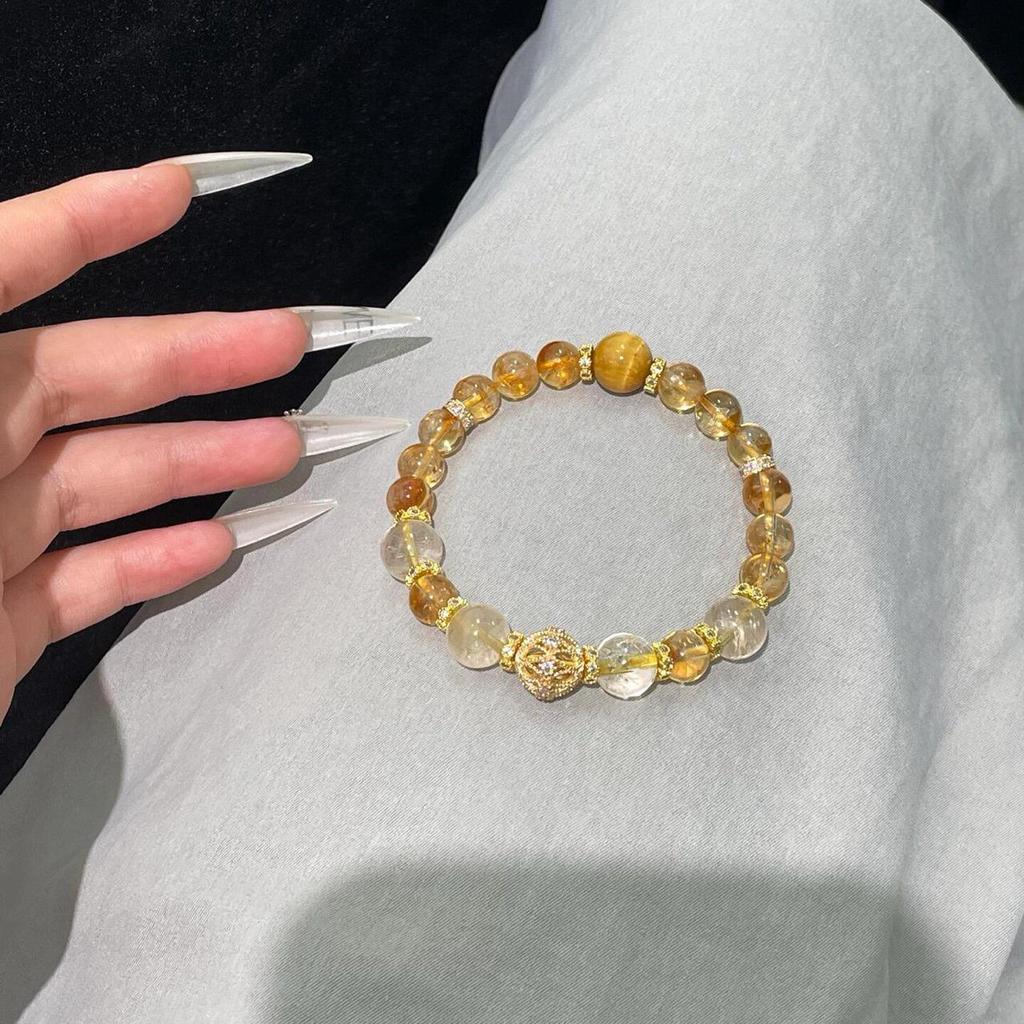 Women's Natural Yellow Tower Crystal Bracelet: Wenwan Style with Golden Tiger's Eye & Golden Rutilated Quartz