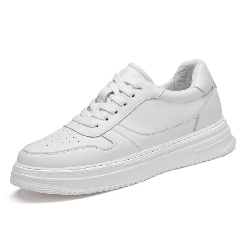 Unisex Height Increasing White Leather Low-top Casual Sneakers with Thick Sole 36
