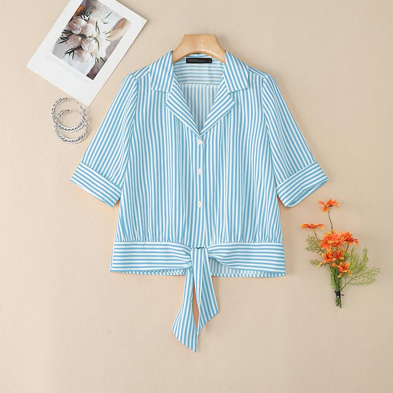 

ZANZEA Women Casual Turn Down Collar Loose Short Sleeve Stripe Blouse 3XL світло-синій колір