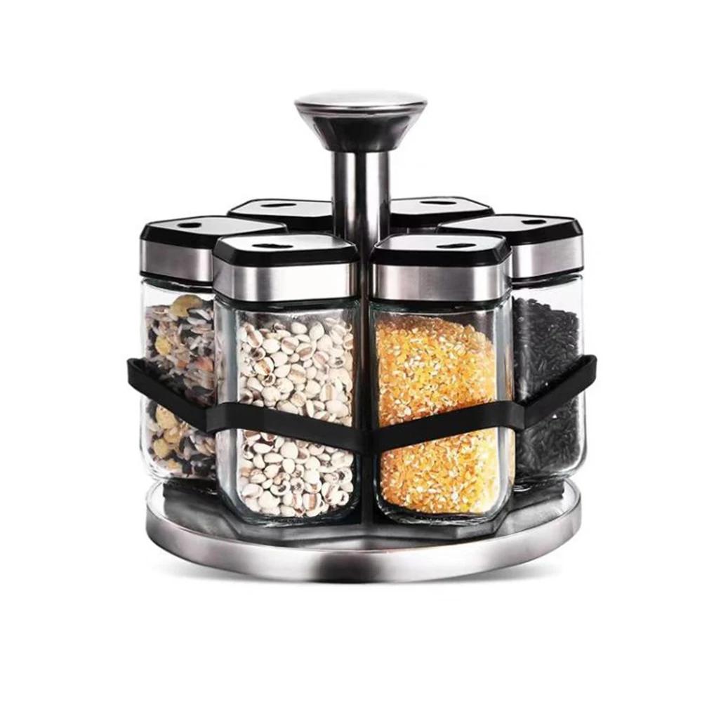 

360° Rotating Kitchen Stainless Steel Spice Rack with 6pcs Rotating Lids Spice Jars Easy Access To Spices Seasoning Storage Box