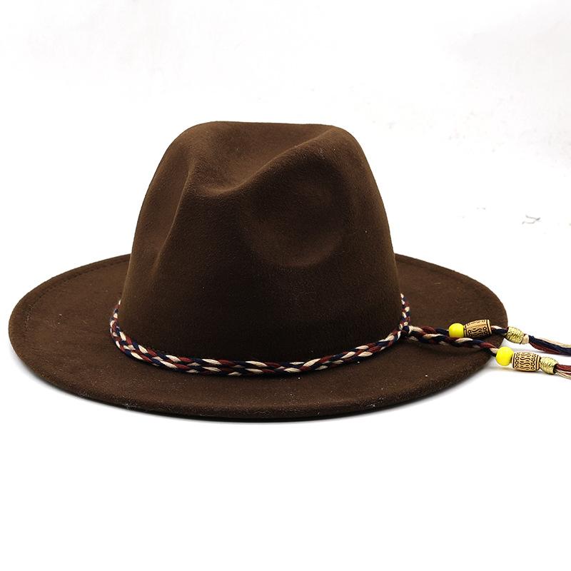 European and American women's new colorful rope jazz hat, big brim fashion flat hat, autumn and winter British style men's woolen top hat tide