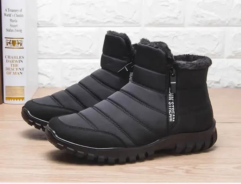 Fashion Men's Waterproof Warm Cotton Zipper Snow Ankle Boots, Winter Warm Slip On Thick Plush Booties Waterproof Snow Boots