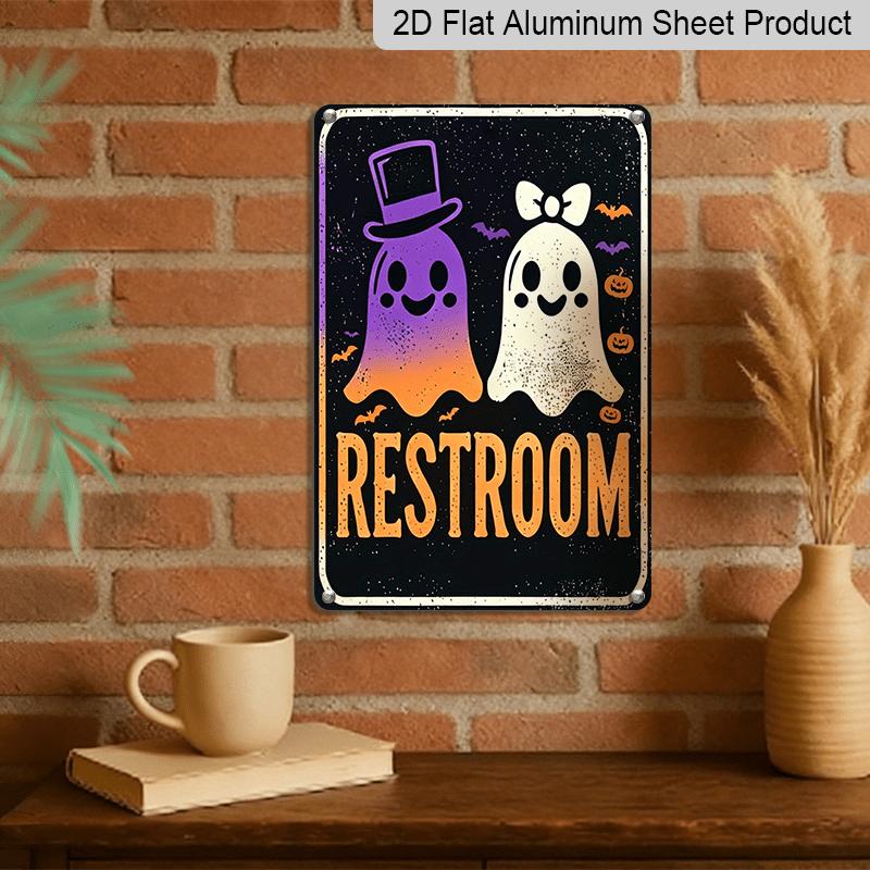 2D Flat, Halloween Restroom Sign - Cute Ghosts with Top Hat & Bow - Rustic Aluminum Bathroom Decor - 8x12 Inches - for Haunted House, Party, Home