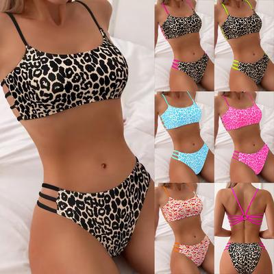 Women's Leopard Print Cutout 2-Piece Bikini Set Strappy Cami Swimsuit