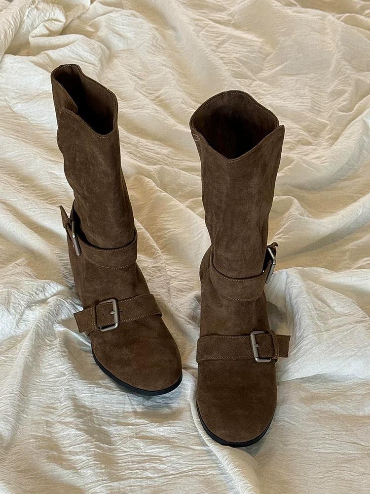 Sheepskin Version~ Korean Round Head Belt Buckle Inner Height Increase Flanging Two Wear Medium Boots Women's Western Cowboy Boots Martin Boots