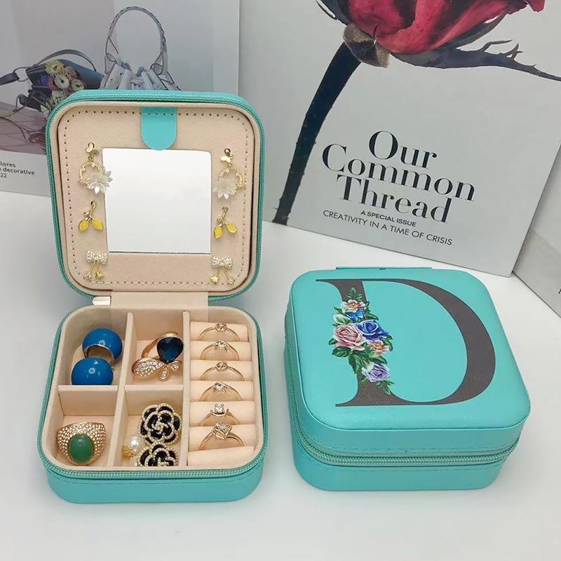 PU Leather Jewelry Box Mirror Storage Box 26 Letter Printed Portable Jewelry Organizer Earring Ring Necklace Case