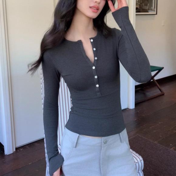 Henley Shirt Shoulder T-Shirt Autumn Versatile Shirt