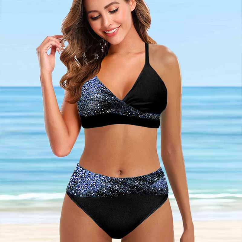 Women's Shoulder Strap Swimsuit Half Sequin Gold Print Bikini Tankini Swimsuit