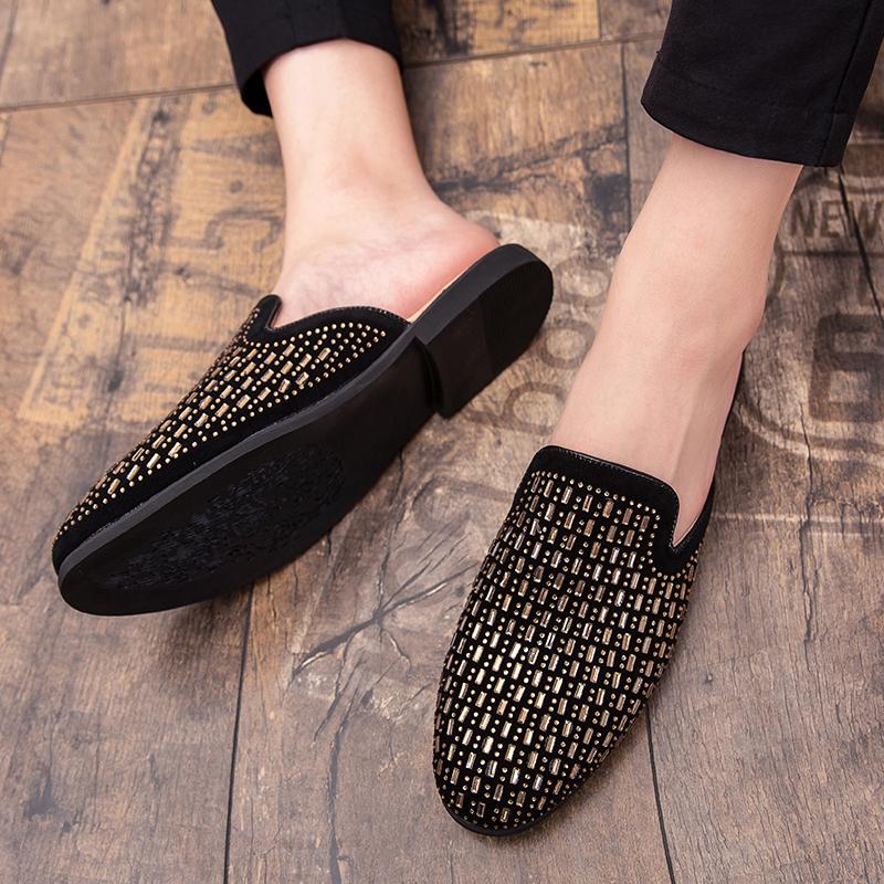 New Men's Charm Rhinestone Half Slippers Black Gold Shoes Male Casual Mules Moccasins Breathable Loafers Zapatos Hombre