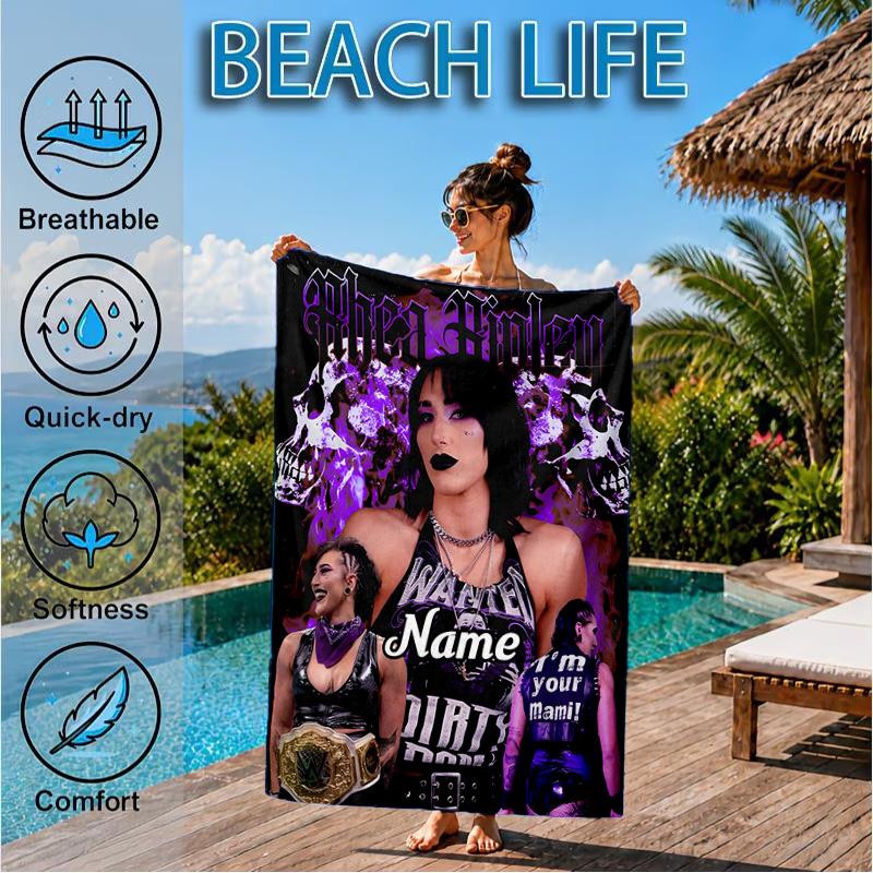 Custom Name Dark Beauty Rhea Ripley Beach Towel Microfiber Beach Towel, Lightweight and Quick-Dry, for Summer Travel, Swimming Pool Gift
