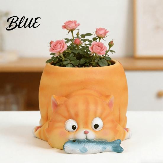 Langlebige Harz-Katzenfigur Pflanzgefäß Fressender Fisch Pflanzgefäß Niedriger Blumentopf mit Drainage Lustiger Kleiner Innenbehälter Corgi für Sukkulenten Pflanzen,