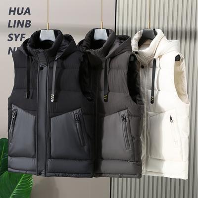 Men Winter Waistcoat Hooded Sleeveless Thick Solid Color Cardigan Padded Windproof Warm Smooth Pockets Drawstring Men Winter Vest Coat