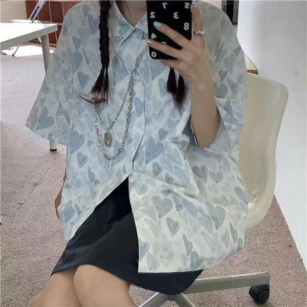 Summer Women Streetwear Printing Design Casual Top Loose Chain Single Breasted Oversized Blouses Shirt