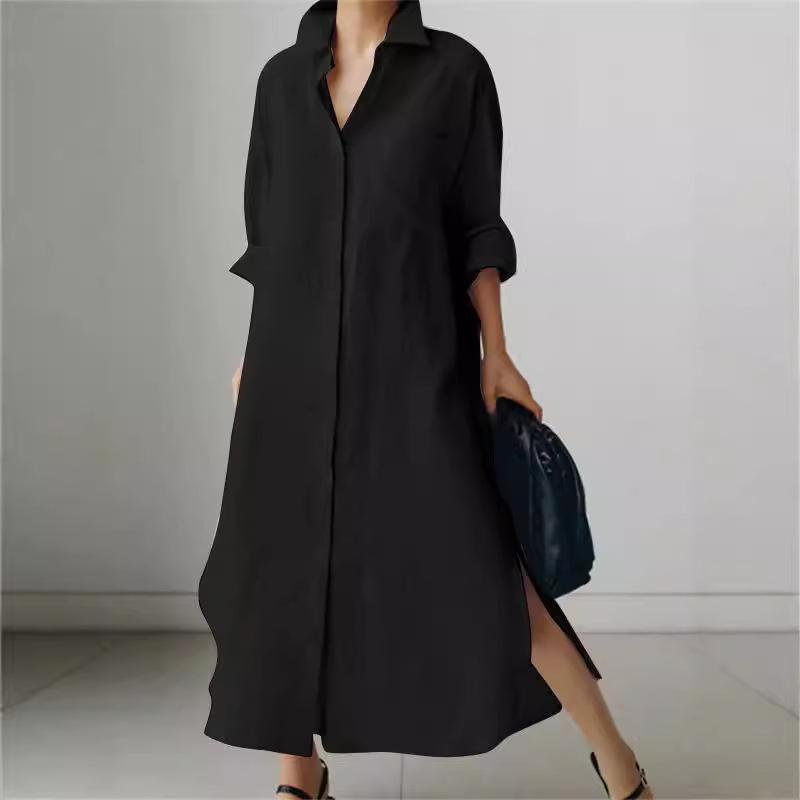 2024 Frühling/Herbst Damen Langarm Schlitzkleid - Elegant, Vielseitig, Modisch Einfarbig