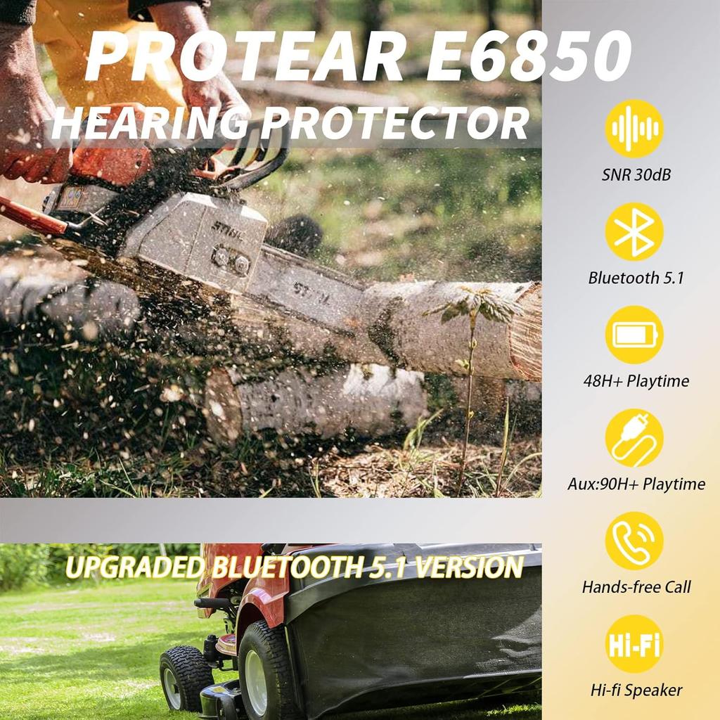 inf protear(Upgraded E6850 Bluetooth Hearing Protection with Integrated Microphone, High-Fidelity Speakers,120H+Playtime, Ideal Ear Muffs for Noise