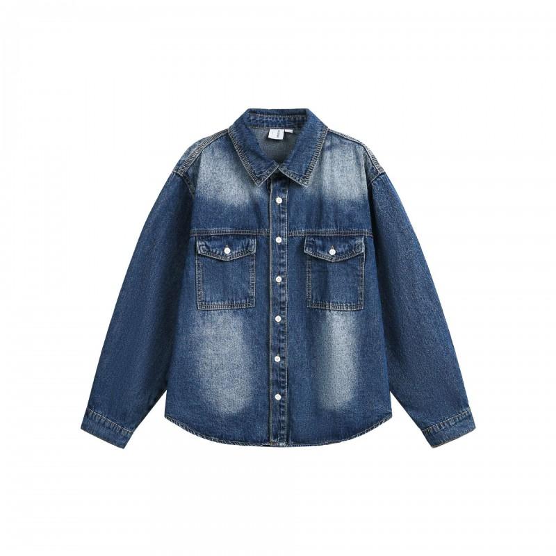 Mens Womens Loose Fit Washed Denim Shirt Casual Streetwear Cotton Button-Up Top Fall