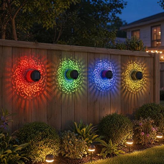Solar Wall Light, 7 Color Changing Fence Light, Outdoor Projection Lamp, Waterproof Garden Lamp for Yard Patio Backyard Decor